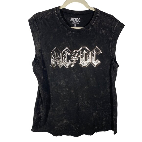 AC/DC Black Sleeveless T-Shirt M 100% Cotton Distressed Rock Band Tee unisex gru - Picture 1 of 7
